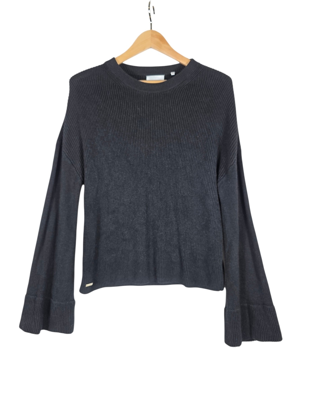 Lune Active Ribbed knit linen blend Bell-Sleeve Crewneck Sweater -Black